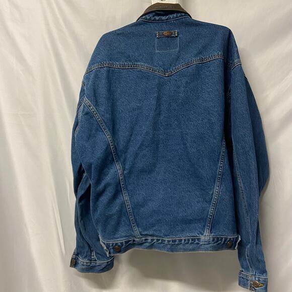 ID Wear Jacket Denim Leather Collar Size L Trucker Jacket Embroidered Wolf - Picture 2 of 12